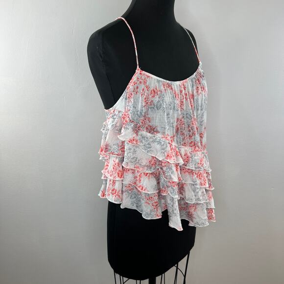 FREE PEOPLE Coral & Ivory Floral Flutter By Tank Ruffles Asymmetric Hem Silky XS - Picture 3 of 7